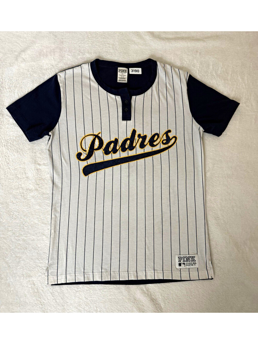PINK Victoria's Secret San Diego Padres Henley Tee Womens S MLB Pinstripe Sequin